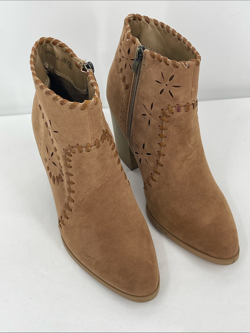 A RIDER GIRL ANGELA Tan Suede Ankle HEELED Booties with Cutout Detail SIZE 8